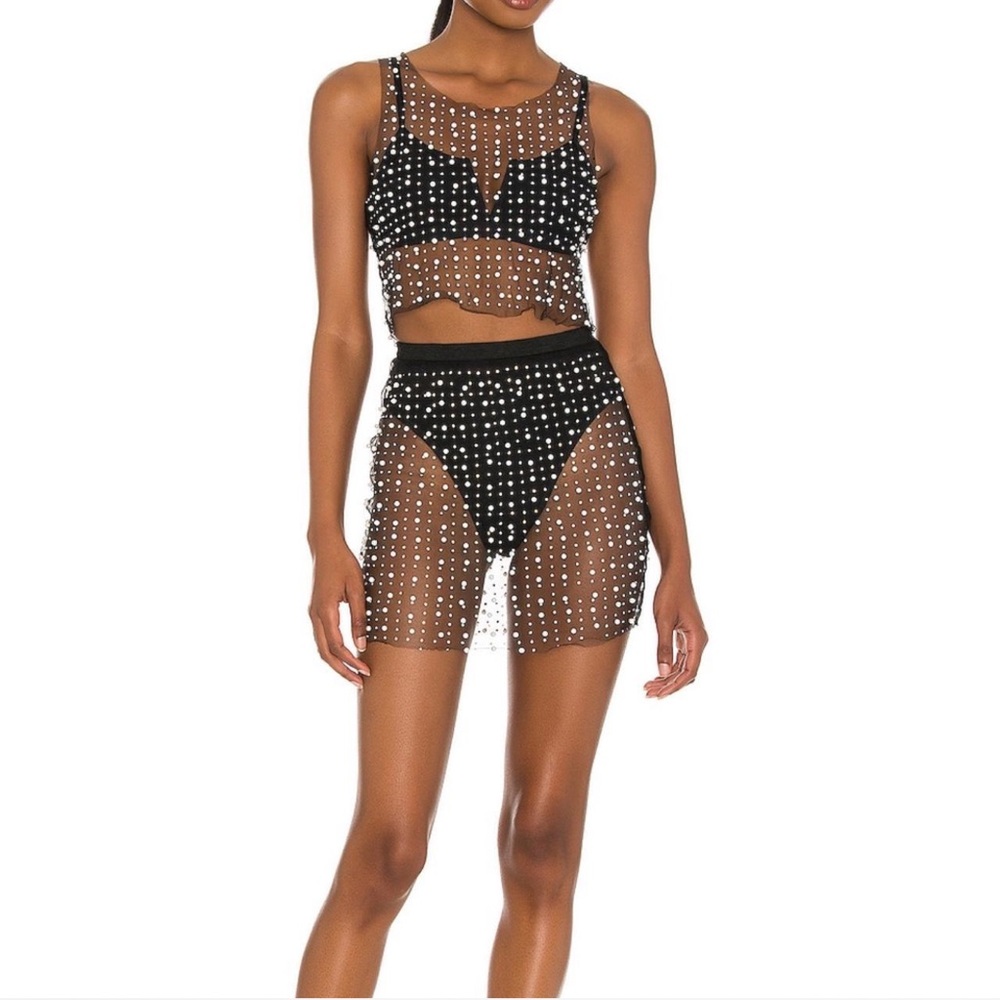 Black Sheer Two-Piece Set with White Pearl designs